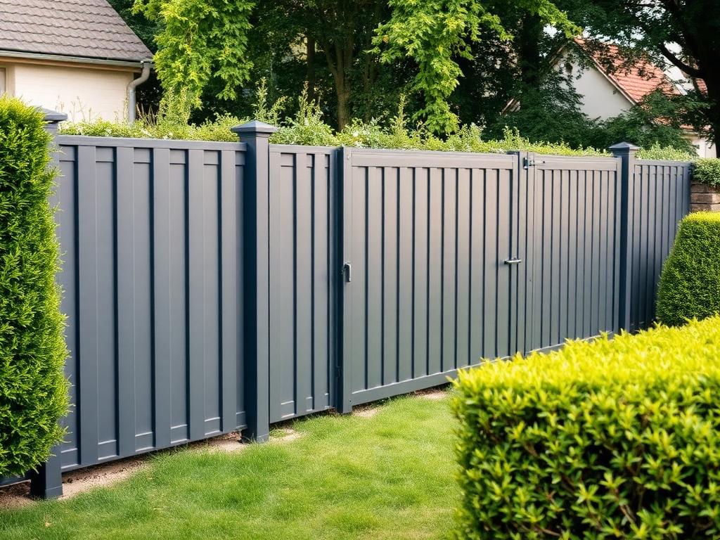 Clôture panneau rigide et portail dans un jardin résidentiel