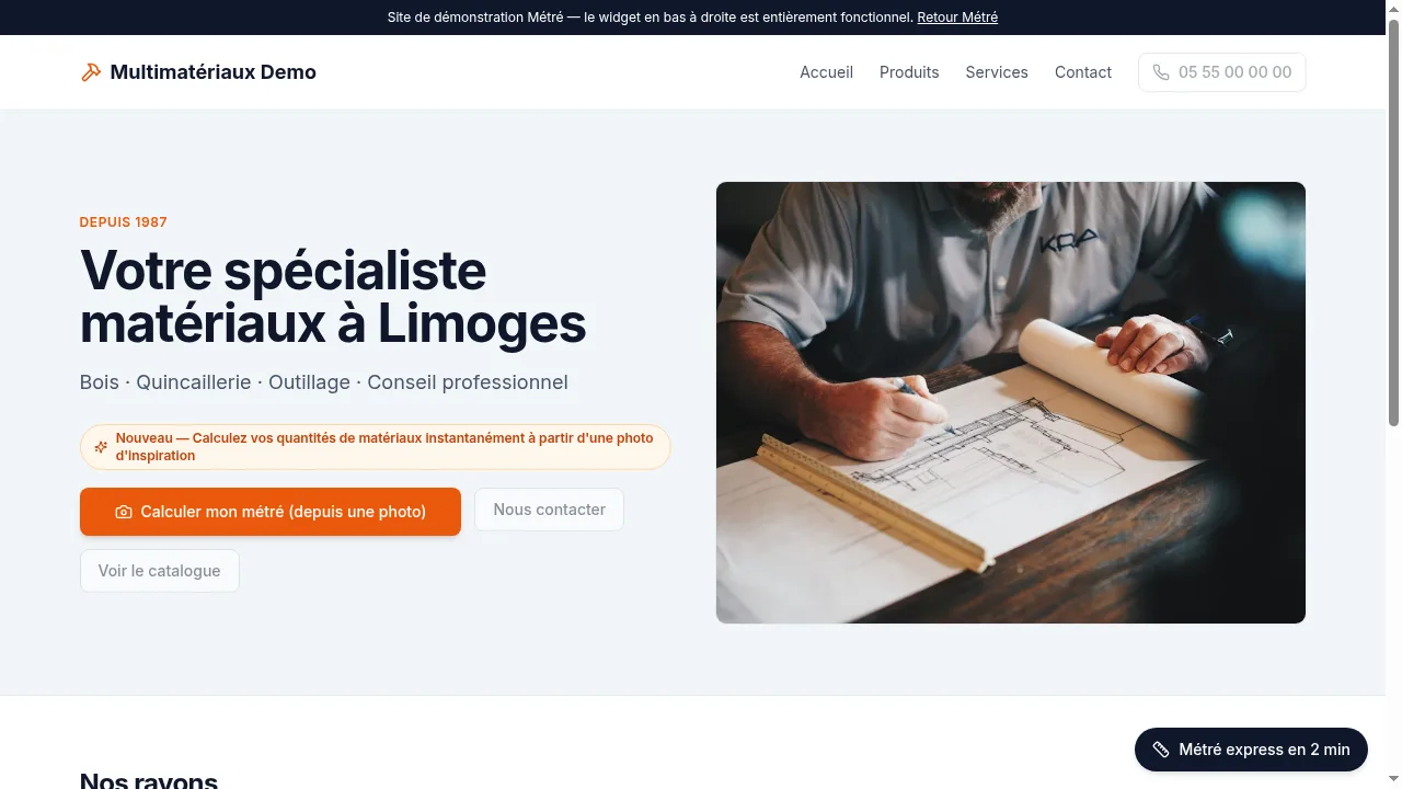 Capture du site de démo avec l'outil Métré ancré en bas à droite