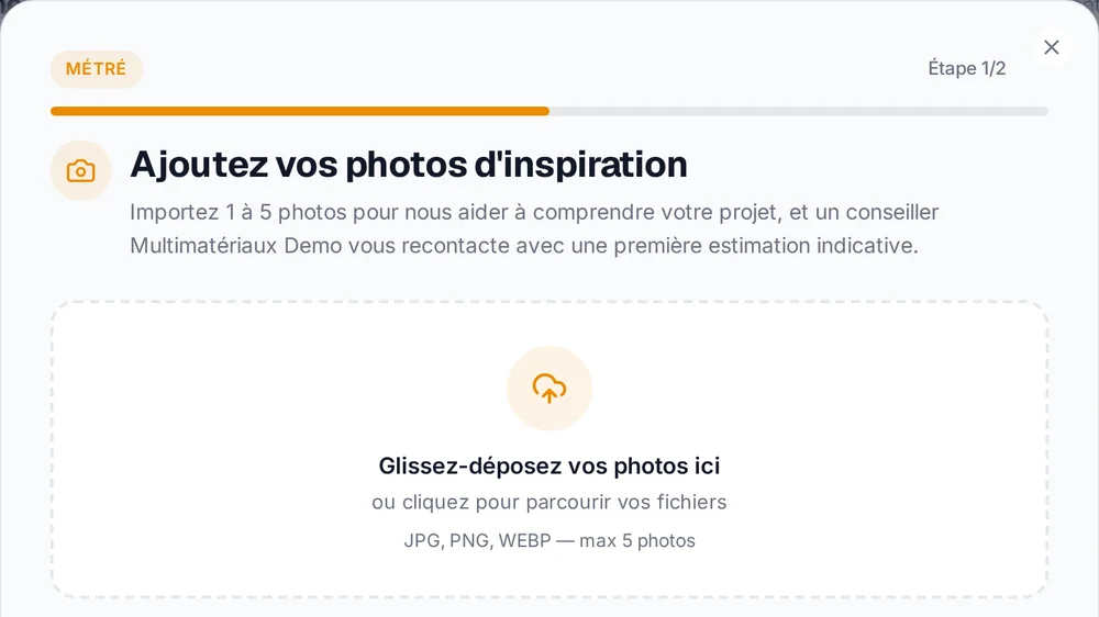 Écran d'upload du parcours Photo Métré